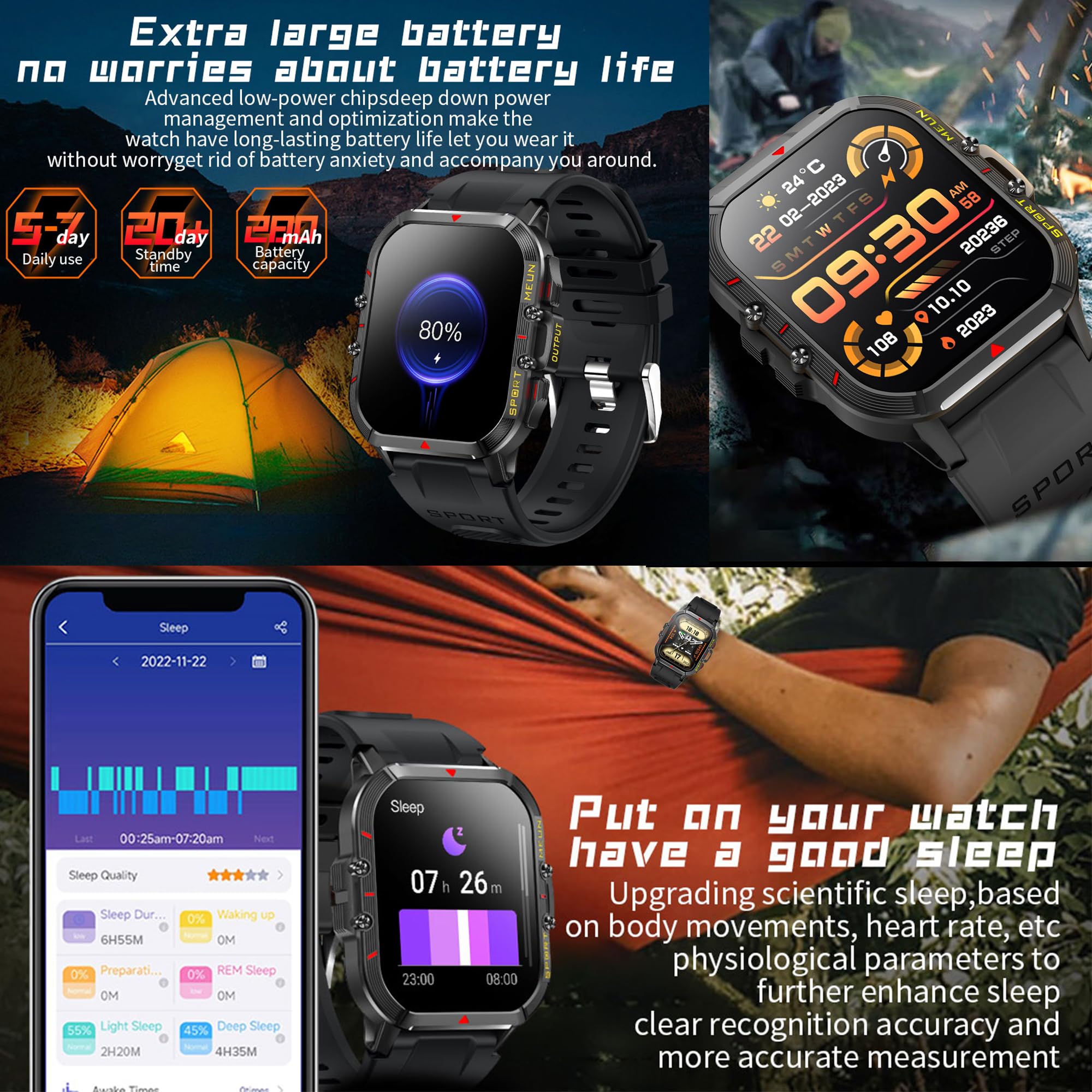 Montre Connectée Homme avec Appel Bluetooth 5.1/Numérotation, 1,96" Smartwatch Compatible Samsung Huawei Xiaomi Android iOS Podometre GPS Partagé Montre 123 Mode Sports Cardiofrequencemetre (Noir)