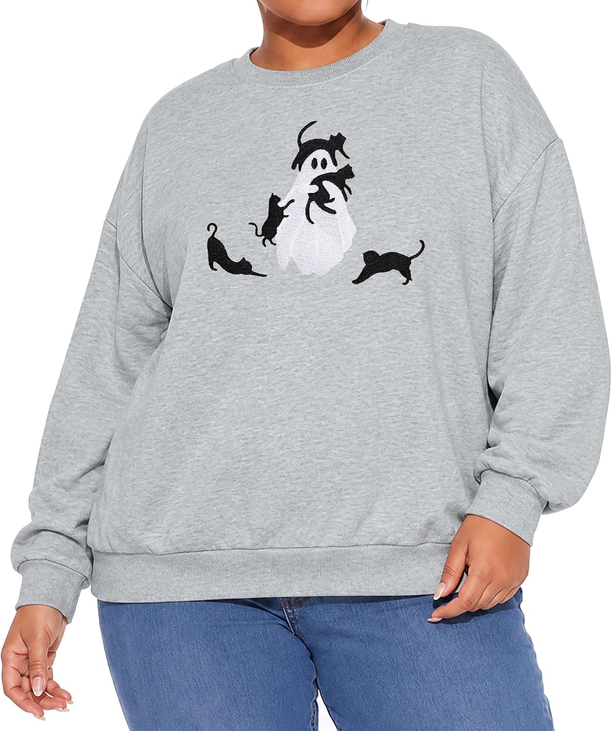 BLANCHES Plus Size Halloween Sweatshirt Women Black Cat Ghost Pullover
