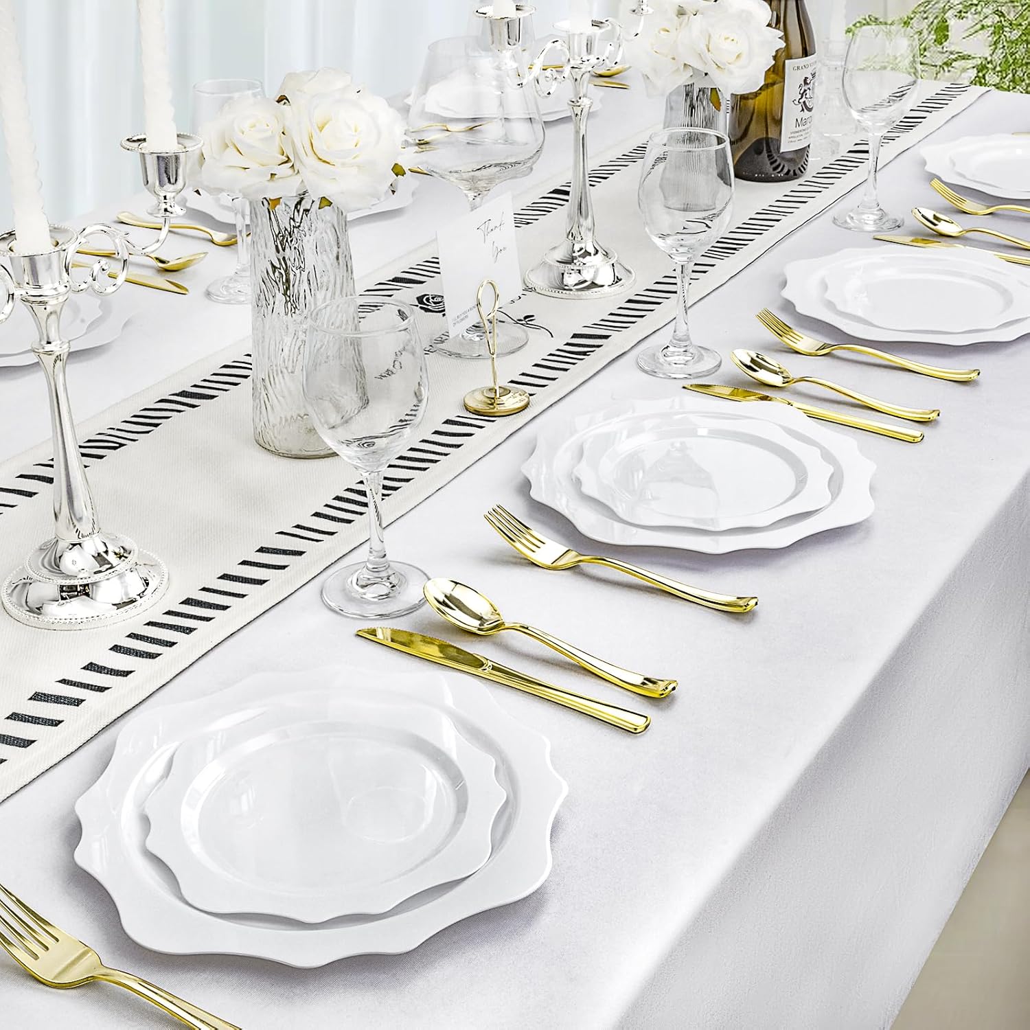 100 PCS White Disposable Plates for 50 Guests, Scalloped Plastic Plates Include 50 Dinner Plates and 50 Dessert Plates for Party, Wedding - Image 7