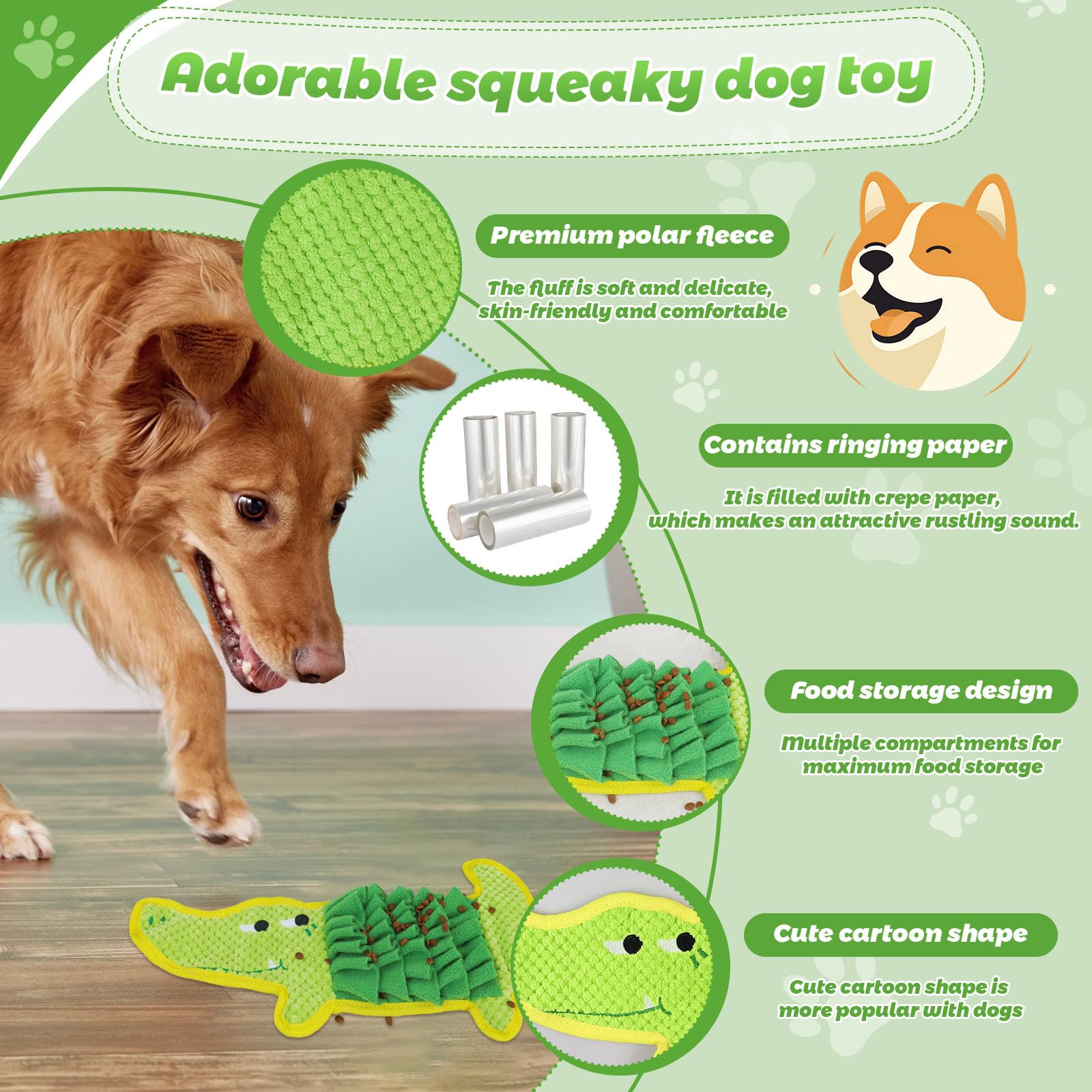 Glirop Interactive Dog Toy for Slow Feeding, Cartoon Sniffing Dog Toys Soft Fleece Fabric Chew Toy with Crinkle Paper for Relieves Stress Boredom Engaging Treat(Crocodile) - Image 3