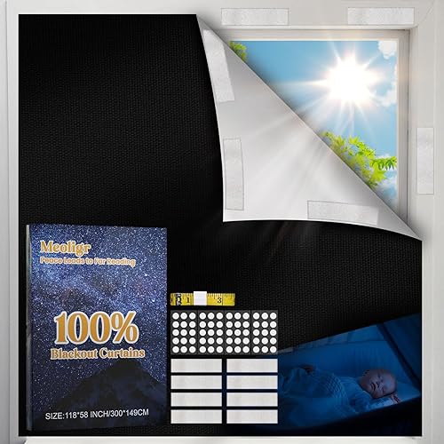 Cortinas 100% opacas, sin taladrar (118 x 58 pulgadas), con cinta de velcro, persianas opacas, cortinas opacas para ventanas de dormitorio,