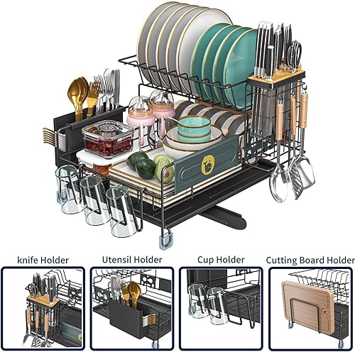 Miniatura 3 de Escurridor de platos para encimera de cocina, juego de escurridor de platos de acero inoxidable de 2 niveles, soporte para utensilios, soporte para