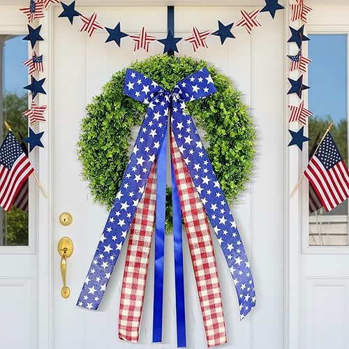 Zeyune 250th Patriotic Front Door Wreath with American Flag Ribbon