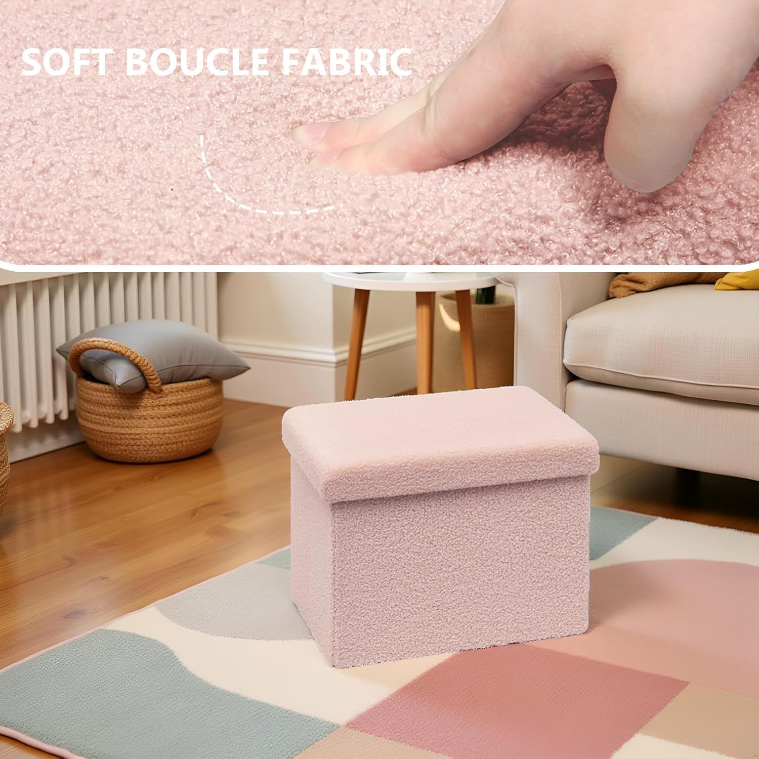 16.5 Inches Small Storage Ottoman - Square Ottoman with Sherpa Top,Storage Bench for Bedroom,16.5" D x 12.6" W x 12.6" H- Pink - Image 5