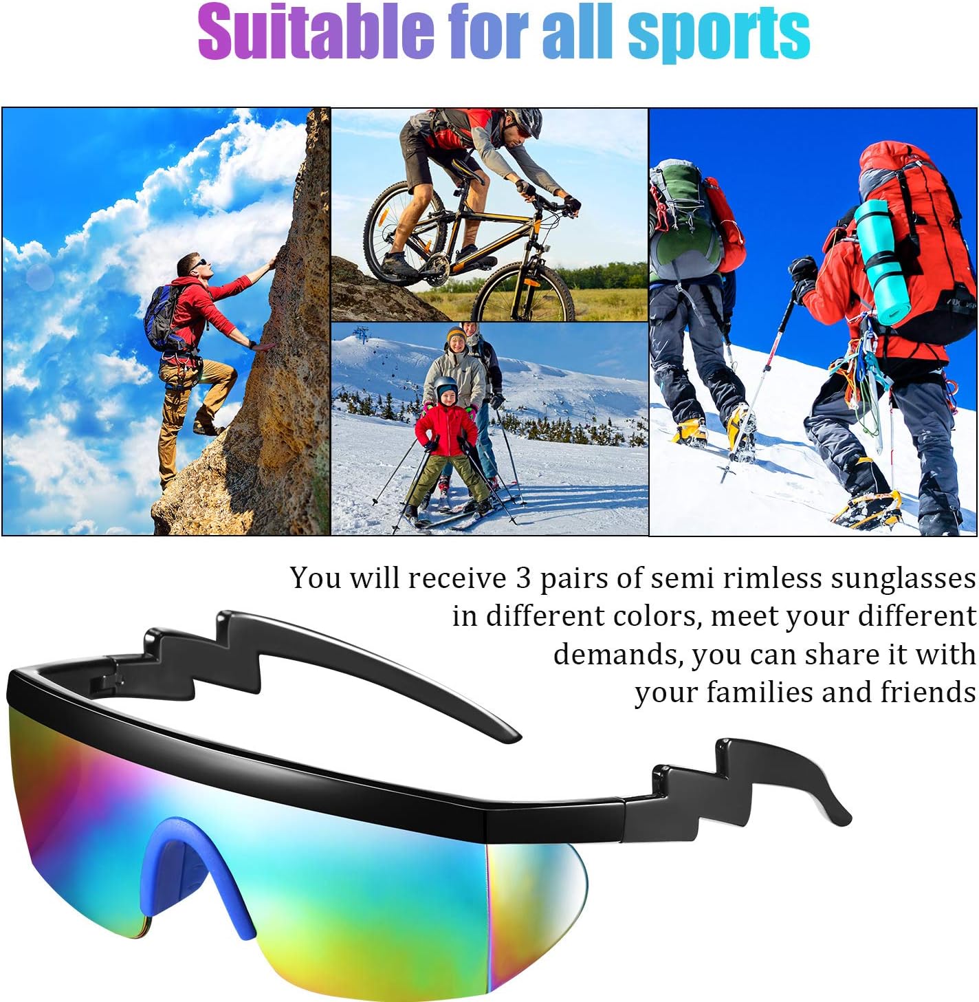 Frienda 3 Pairs Retro Semi Rimless Sunglasses 80s 90s Zigzag Sunglasses Colored Transparent Lens Glasses for Men Women - Image 4