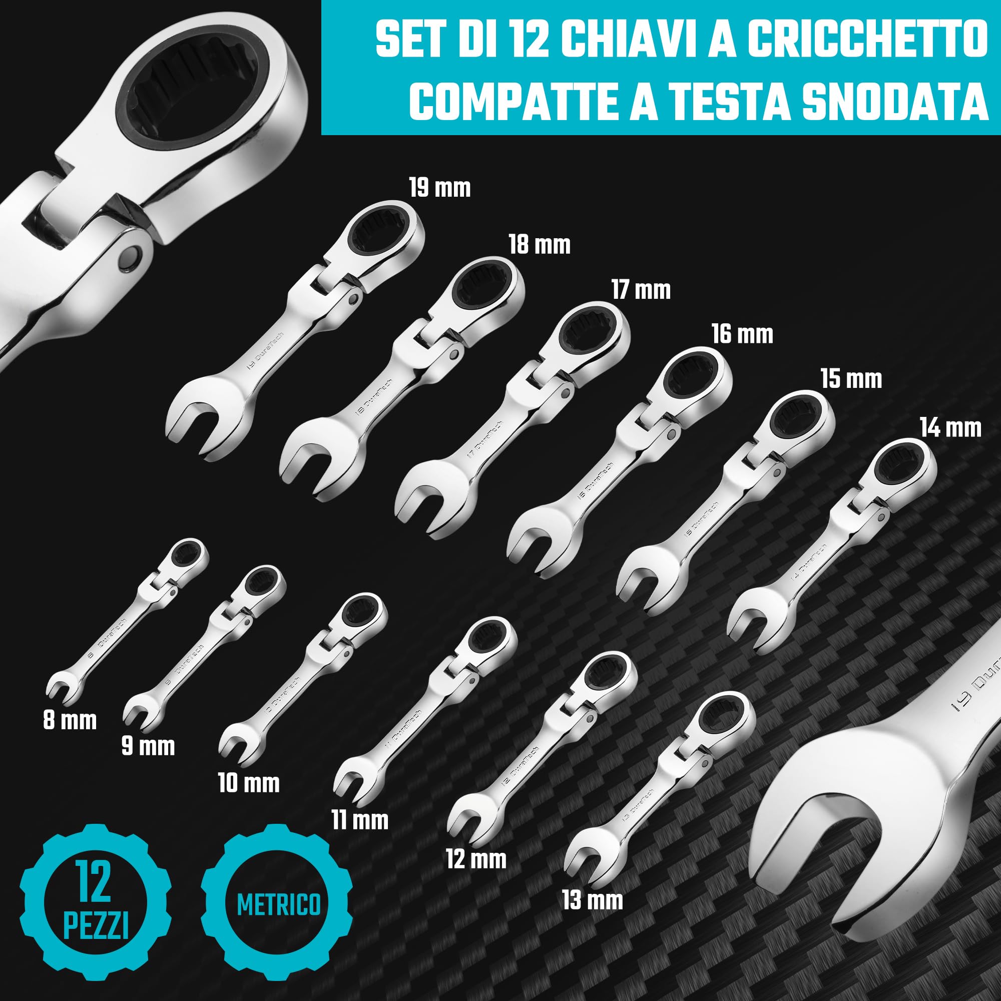 DURATECH Stubby - Set di chiavi combinate a cricchetto con testa flessibile, metrica, 12 pezzi, 8-19 mm, acciaio CR-V, con custodia