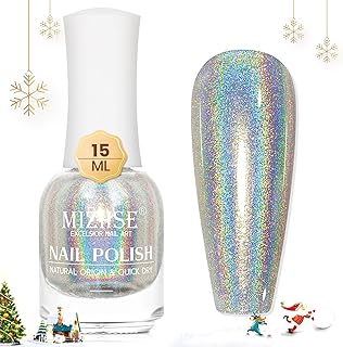 MIZHSE Holographic Nail Polish, Silver Glitter Nail Polish Air Dry Fast, 15 ml 0.5 fl oz High Glossy Shiny Nail Pigment Oil-based Laser Iridescent Nail Lacquer Chrome Halo Nail Art Salon Manicure Home