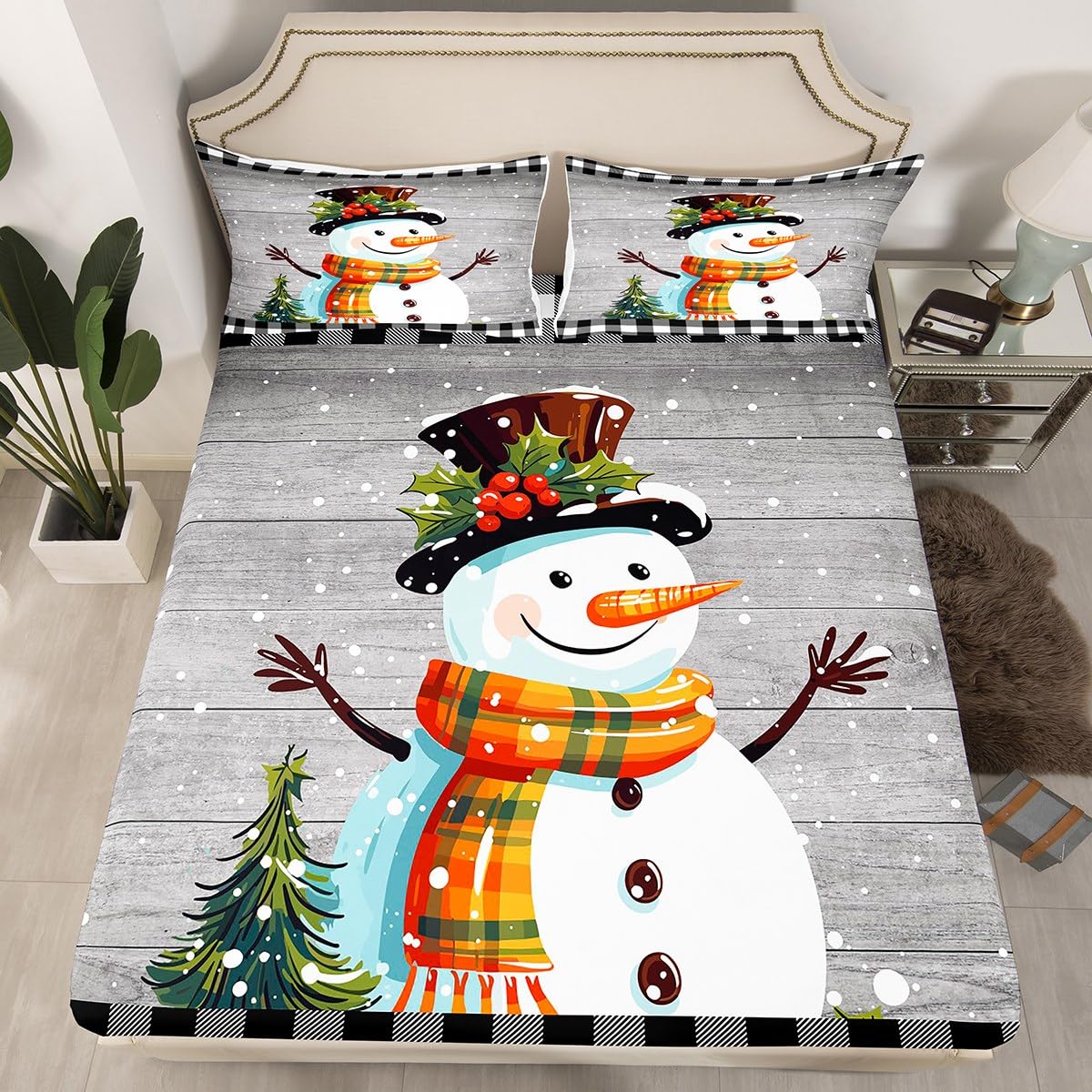 Cute Snowman Fitted Sheet Double Size, Grey Plaid Rustic Wooden Plank Bed Cover with 2 Pillowcases, Christmas Theme Bedding Set 3pcs for Kids Boys Adults, Soft Polyester Bedding — image 1