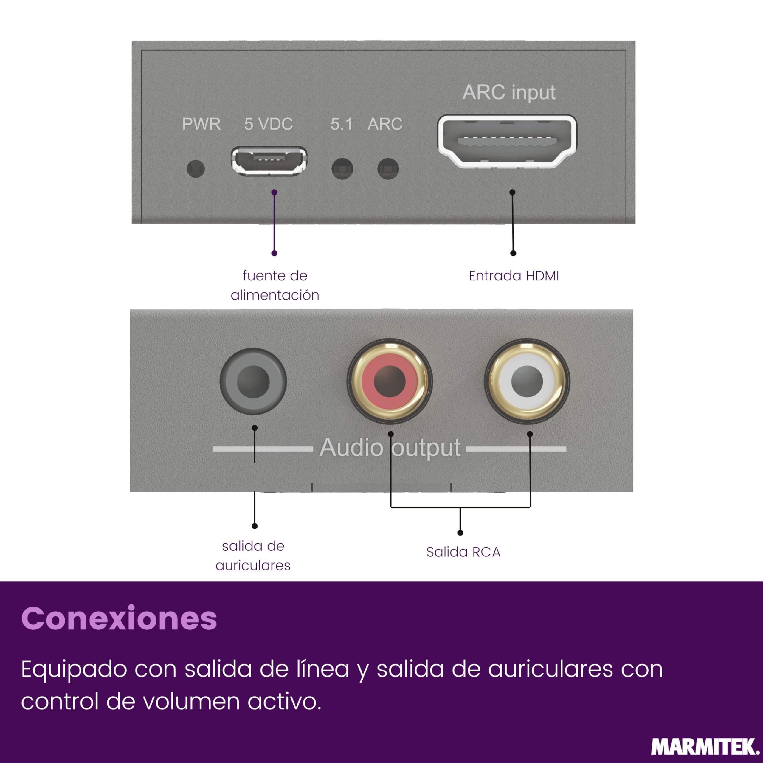 Marmitek Connect ARC13 - Extractor de audio HDMI ARC CEC para TV a RCA | Adaptador para amplificador, altavoces activos o auriculares, salida estéreo L/R, RCA, jack 3,5 mm y control de volumen CEC