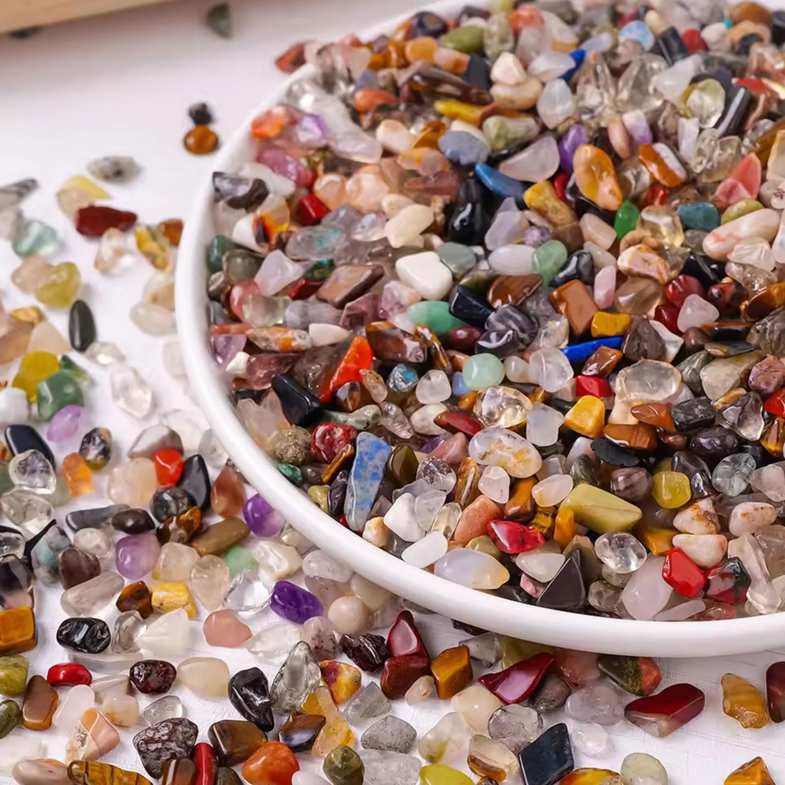 400 g de Chips caído Piezas trituradas de Piedra con tazón de Almacenamiento - Curación de Piedras de Cristal de Reiki para Joyas Que Hacen la decoración del hogar,Blanca