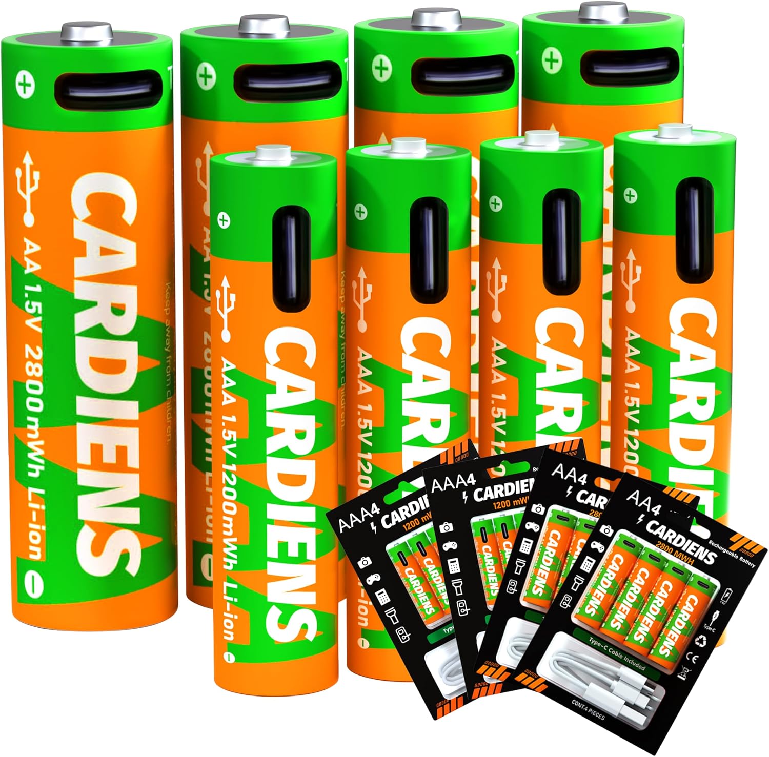 AA and AAA Batteries Combo Pack USB Rechargeable Battery Lithium Double A and Triple A Batteries 1.5v with 4-in-1 USB-C Charging Cable and LED Charge Indicator, 16-Pack