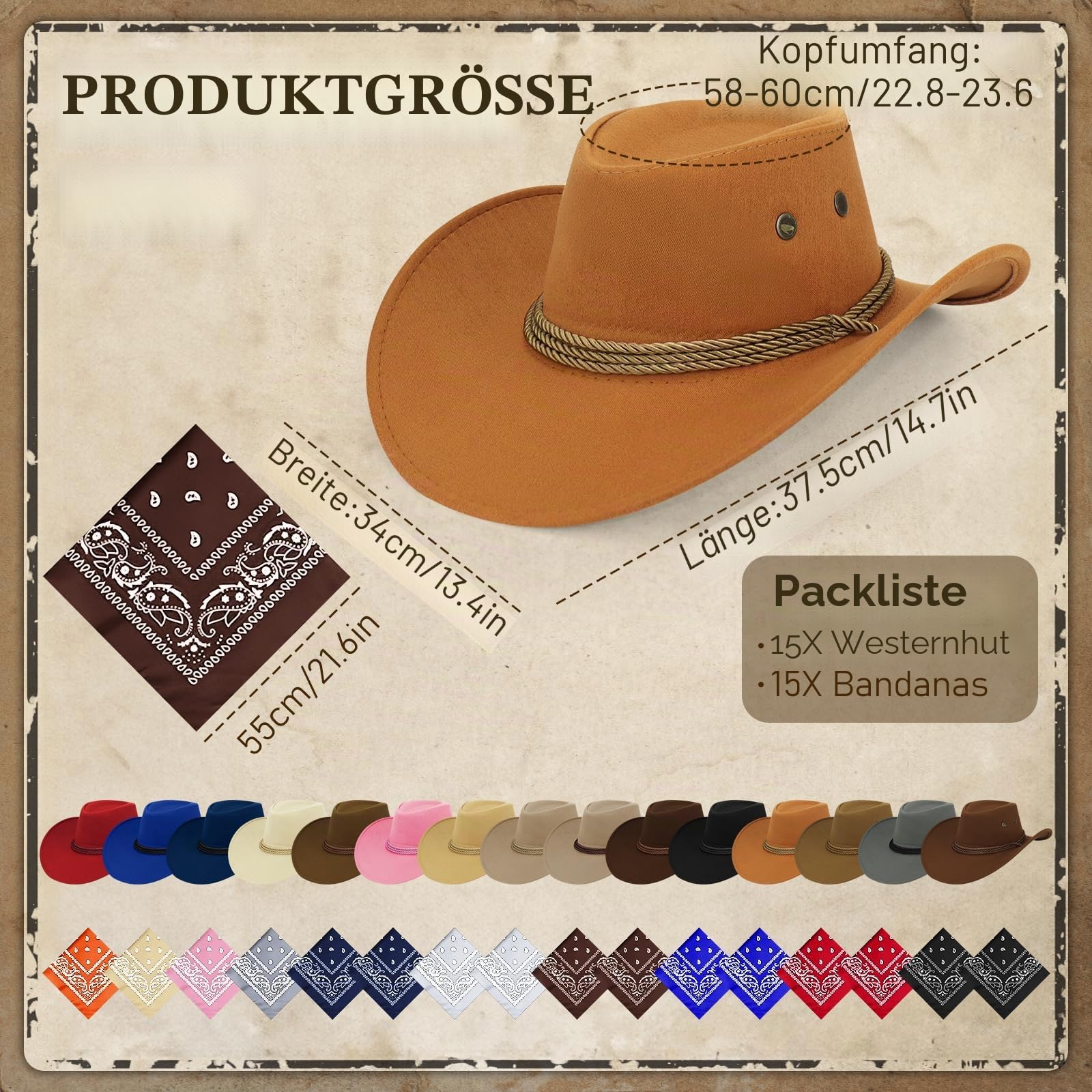 30 Stk Cowboyhut Set für Damen Herren, Western Cowboyhüten mit Kordel in 5 Farben & 15 Bandanas Cowgirl Kostüm Accessories für Karneval, Mottoparty, Wanderpicknick, JGA