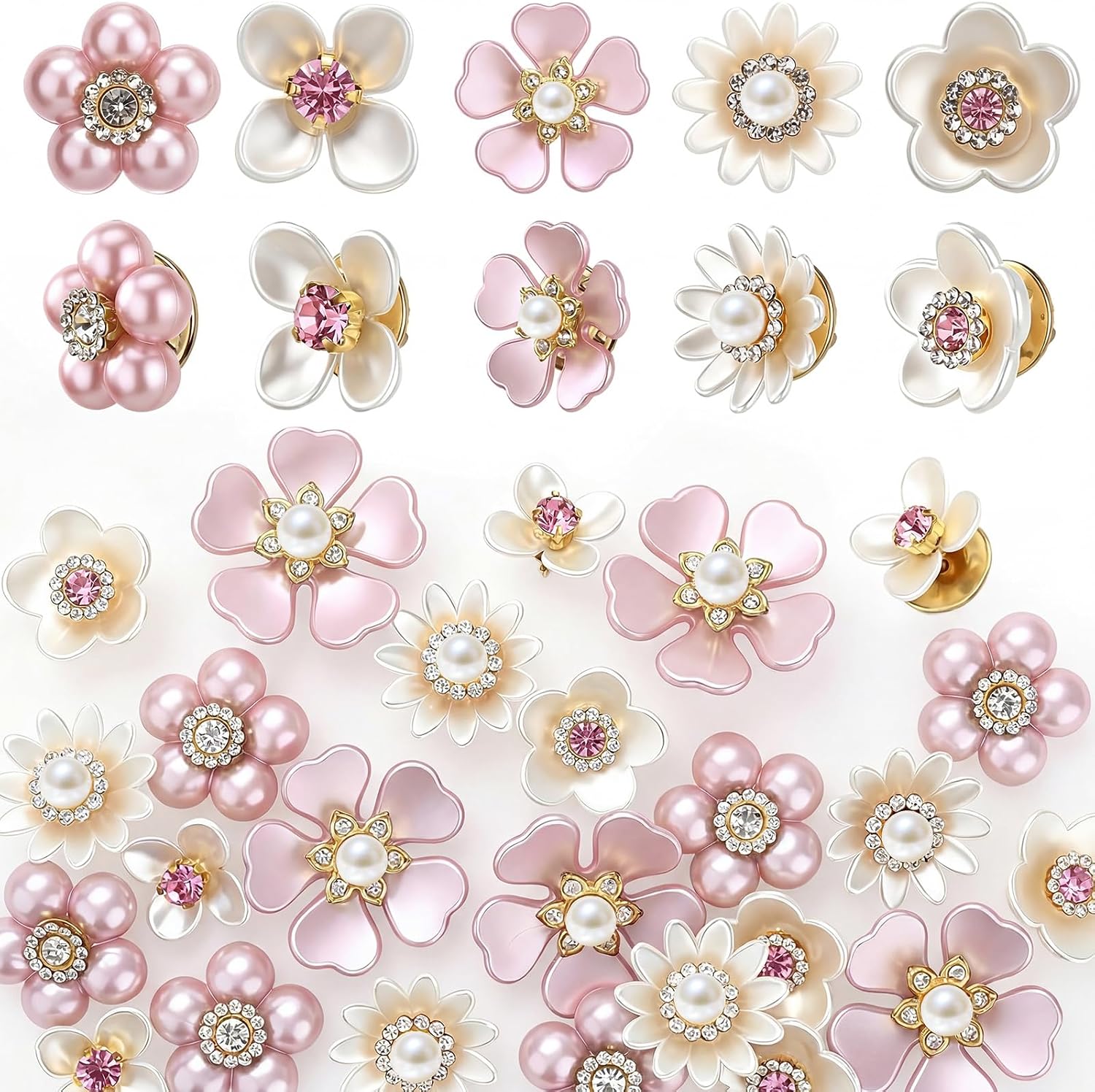 50 Pcs Pearl Rhinestone Brooch Pin Flower Embellishments Brooches and Pins for Women Lapel Pins No Sew Button Charms Accessories for Clothes Bags Wedding DIY Crafts, 5 Styles