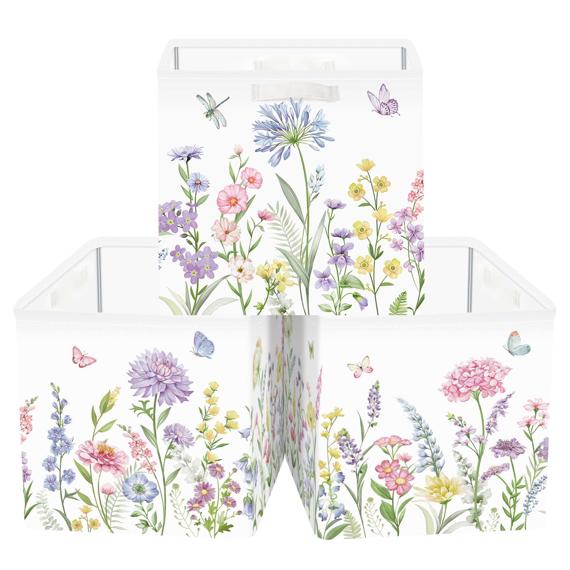 HUUMONSS 11.8" Spring Flower Garden Storage Cube Organizer Set 3Pcs Clothes Storage Basket Bin for Home Butterfly Women Book Toy Chest, Pastel Floral