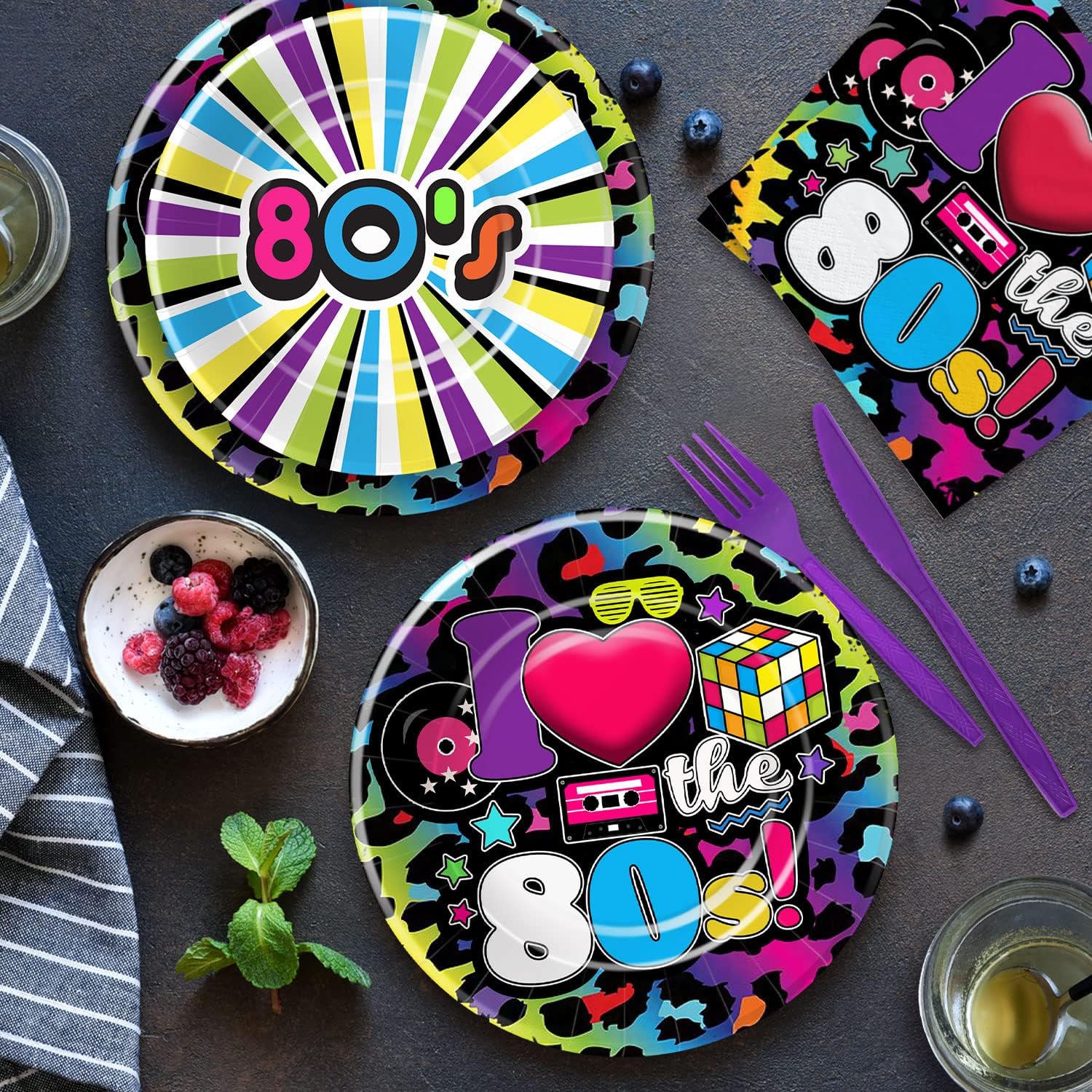 80's Party Decorations Tableware - 80's Theme Party Supplies Include Paper Plate, Cups, Napkins, Tablecloth, Cutlery, Straws, 80s Birthday Party Decorations and Supplies Dinnerware | Serve 24