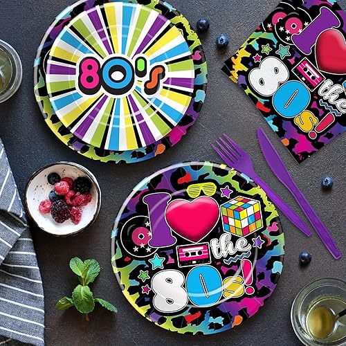 Miniatura 7 de Vajilla de decoración de fiesta de los años 80  Los suministros para fiestas temáticas de los 80 incluyen platos de papel, vasos, servilletas,