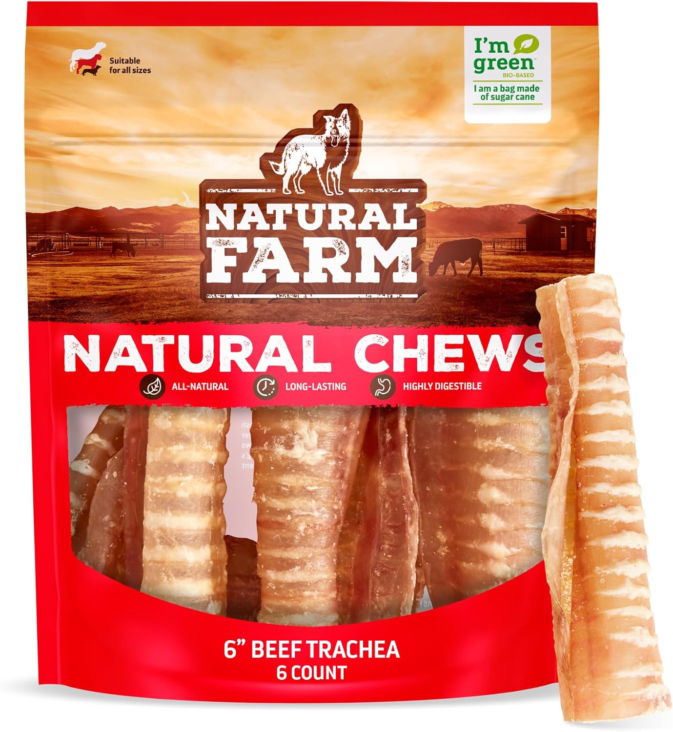 Natural Farm Beef Trachea for Dogs (6 Inch, 6 Pack)- 100% Beef,Odor Free Trachea Dog Chews- Glucosamine & Chondroitin for Joint & Hip Mobility, Bone Strength- Low-Fat Crunchy & Crispy- for All Dogs