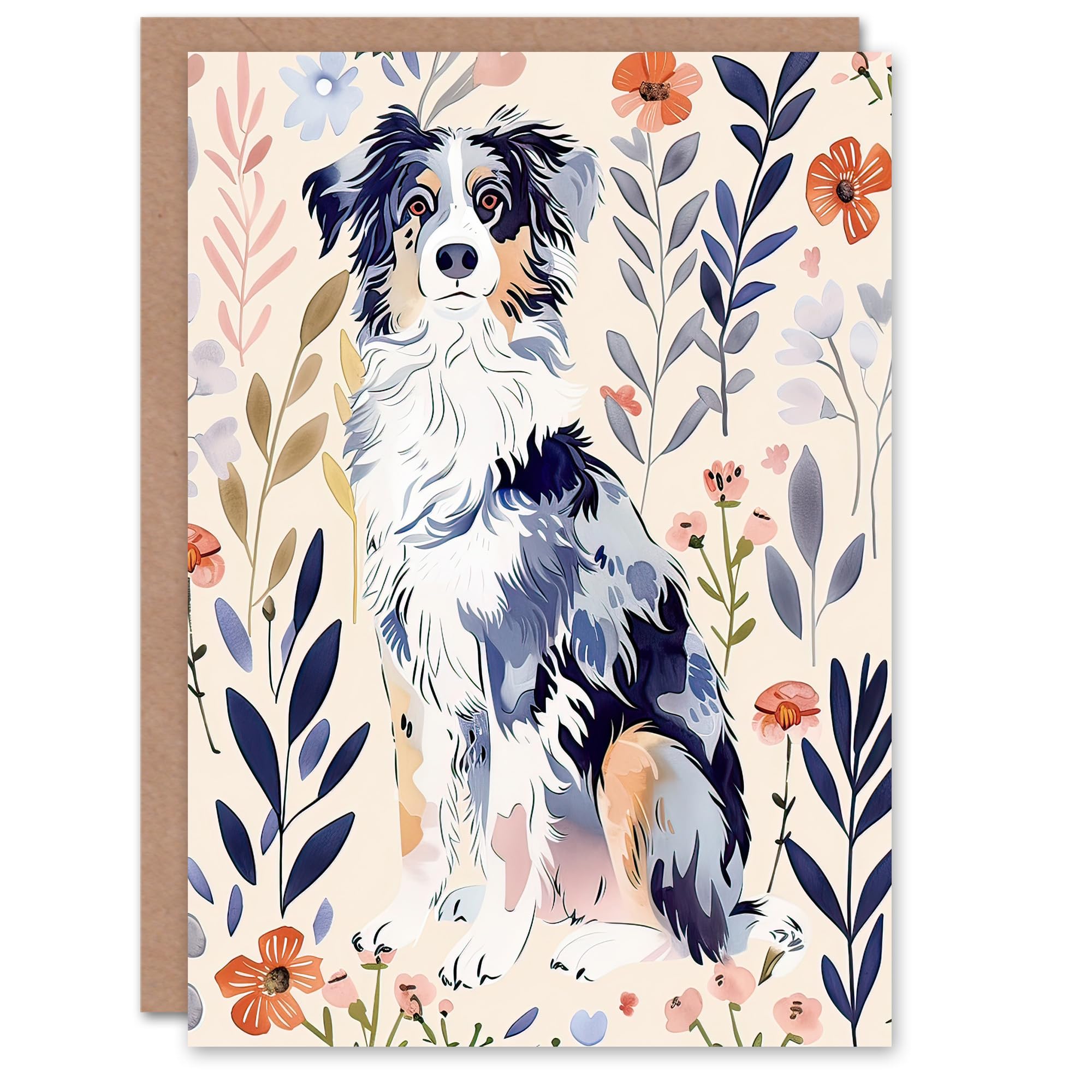 Artery8 Greeting Card Dog Lover Australian Sheepdog Floral Portrait For Her Woman Birthday Card