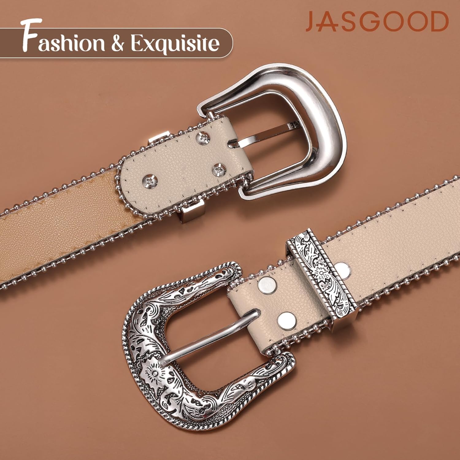 JASGOOD Women Western Leather Beaded Trim Belt Ladies Vintage Western Belt Cowgirl Belts For Jeans Pants Dresses - Image 3