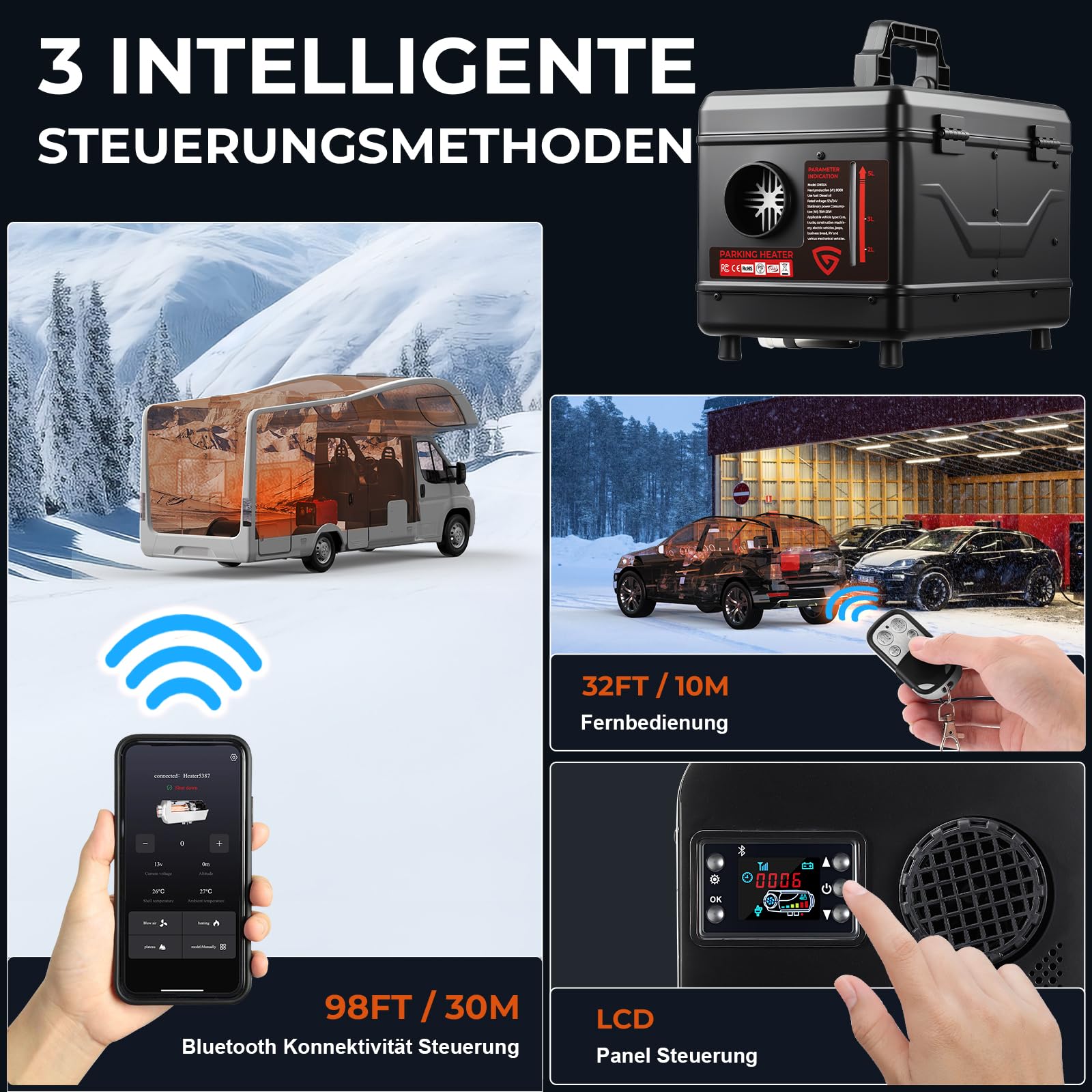 Dieselheizung 220-240V AC & 12/24V DC 8 kW, All-in-One 5L Diesel Standheizung mit Bluetooth APP Fernbedienung und LCD Bildschirm, für Zuhause, Werkstatt, Garage, Wohnmobil, LKW, RV, Boot Schwarz