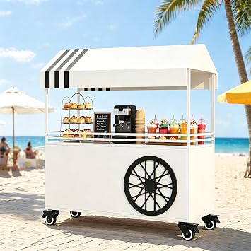 Portable Cart with Canopy, Outdoor Vendor cart, Mobile Food Display Stand with Lockable Wheels for Market, Street Food & Events White