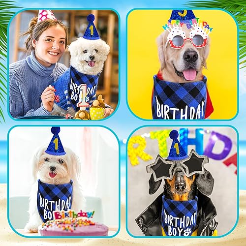 Miniatura 7 de Juego de fiesta de cumpleaños para perro, sombrero bandana de cumpleaños para perros con 8 números brillantes, suministros de feliz cumpleaños para