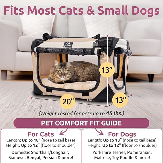 Cat & Dog Pet Carrier, Soft-Sided, Medium 20x13x13 Fits Most Cats or Small Dog, Comfortable for Travel & Vet Visits, Privacy Windows, Removable Plush Bed, Locking Zippers, Folds Flat