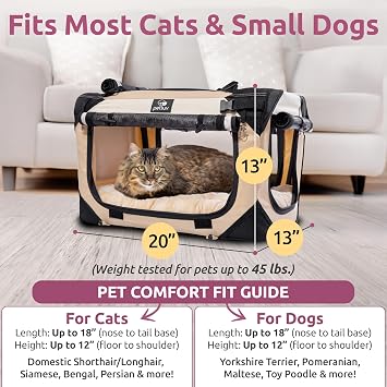 Cat & Dog Pet Carrier, Soft-Sided, Medium 20x13x13 Fits Most Cats or Small Dog, Comfortable for Travel & Vet Visits, Privacy Windows, Removable Plush Bed, Locking Zippers, Folds Flat