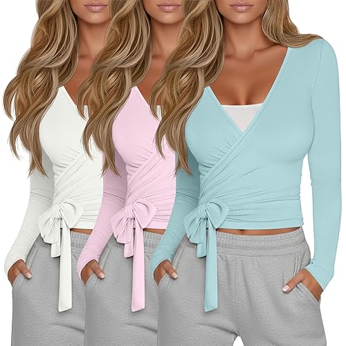 Oakgarden 3 Pack Women's Tie Wrap Tops, Long Sleeve Workout Ballet Yoga Pilates Shirts Deep V Neck Tie Front Y2k Blouses - Beige White, Pink, Light Lake Blue - Small
