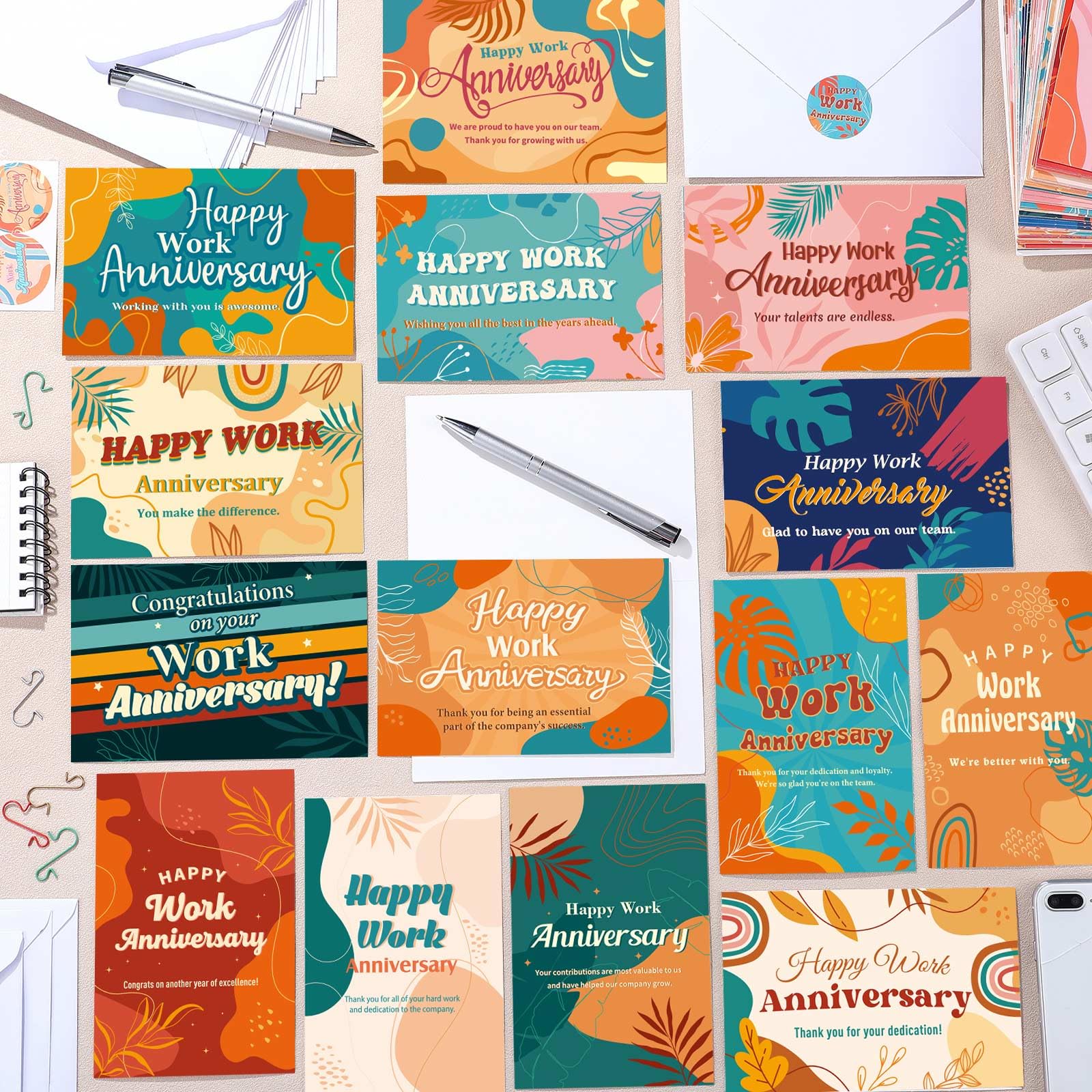 Motiskyy Set di 100 biglietti di auguri per anniversario di lavoro, con buste e adesivi, biglietti per anniversario dei dipendenti, 20 motivi, 10 x 15 cm, regalo di apprezzamento per il personale