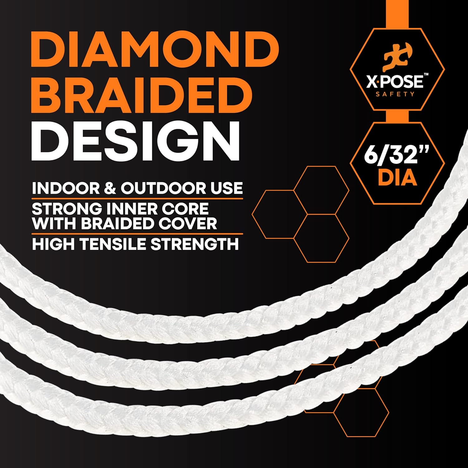 Diamond Braided Clothesline Rope – 6/32" x 100 ft – Durable Polypropylene, Heavy-Duty Poly Braided Cord for Clothesline, Camping, Tent, Flagpole, Arborist, Hoist, Pulley – White (6 Pack)