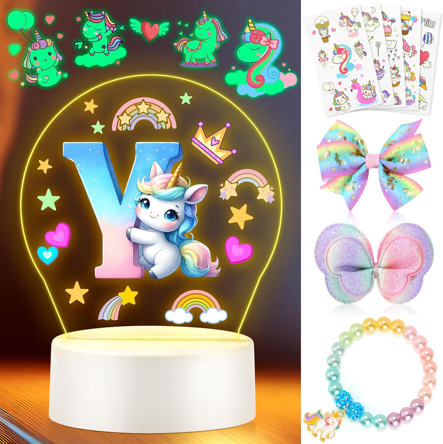 Unicorn Party Favors for Girls, Birthday Christmas Gifts for 3 4 5 6 7 8 Years Old Girls Unicorn Accessories Decorations Unicorn Night Light for Girls Initial Y