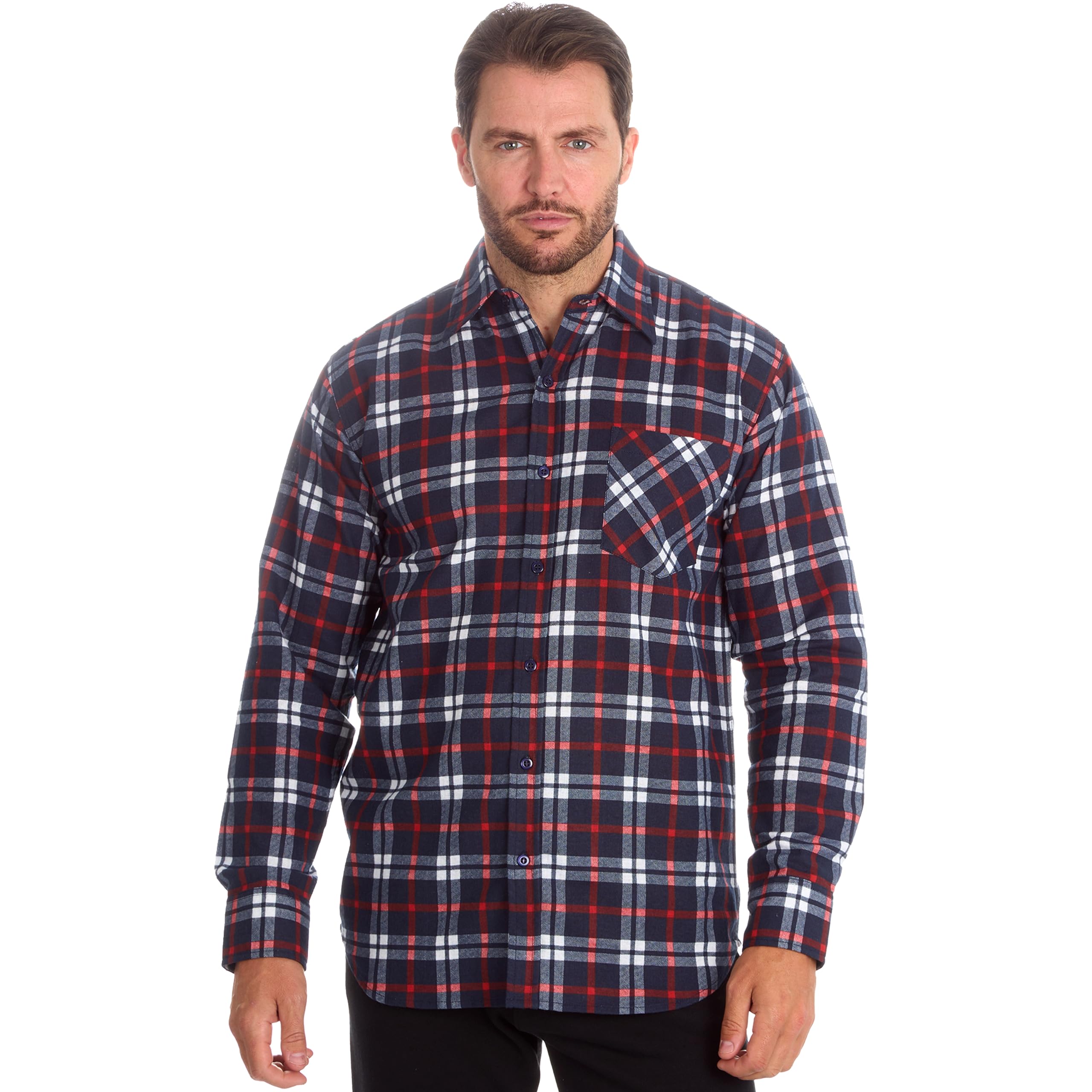 Metzuyan Men's Navy Ws-Aw23 Flannel 100% Cotton Checked Shirt Collared Long Sleeve Casual Shirts Check L