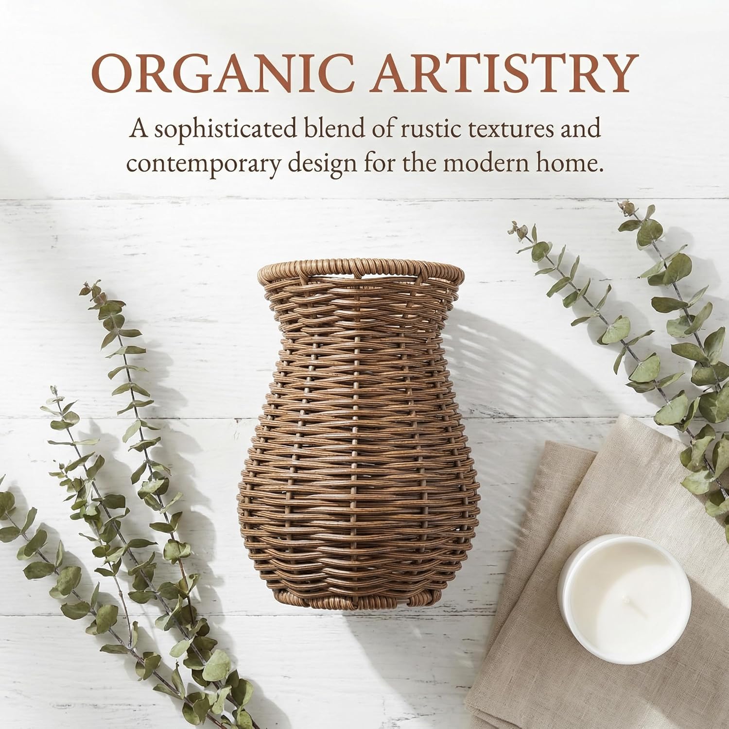 Cabilock Rattan Vase for Flowers, 5.7" Rustic Woven Wicker Vase for Boho Home Decor, Small Imitation Rattan Flower Basket, Farmhouse Desktop Centerpiece for Pampas Grass, Dried Floral Arrangement