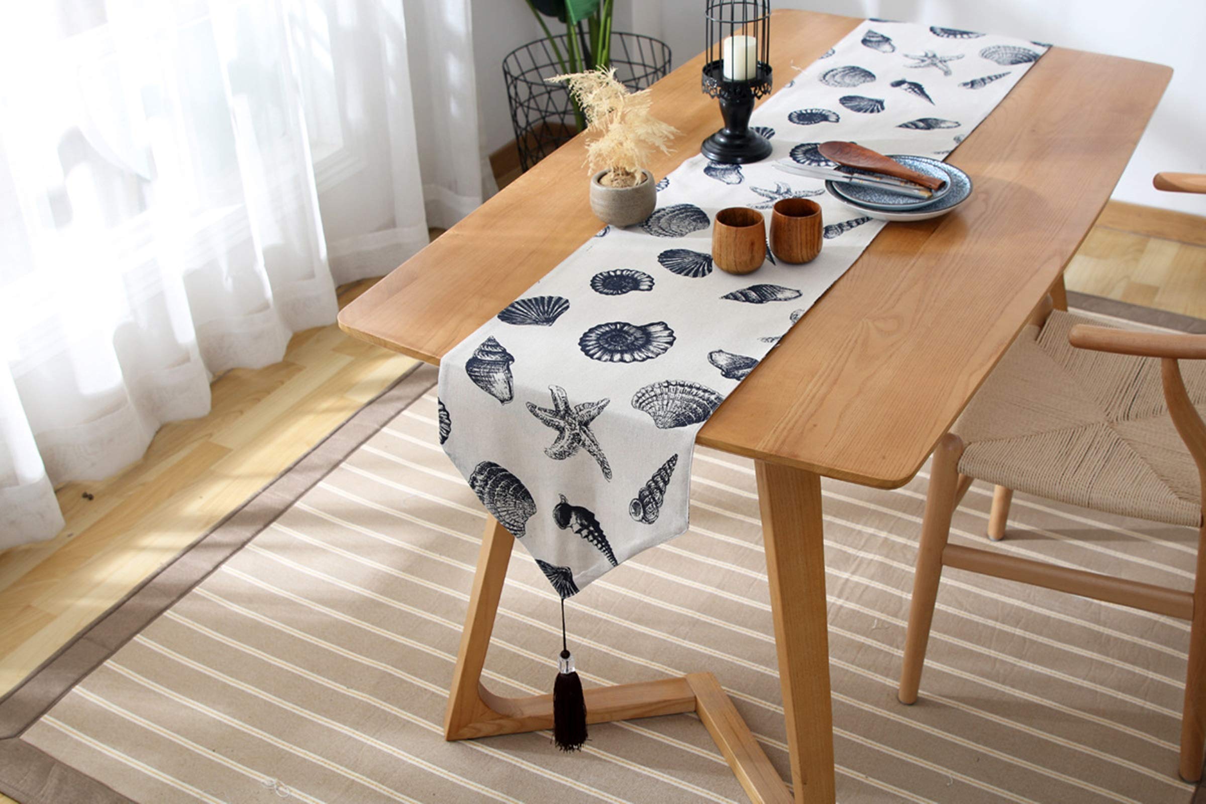 Tischwäsche Landhaus, Tischläufer Deko Grau Muschel Seestern Tischläufer Cotton 33x240CM