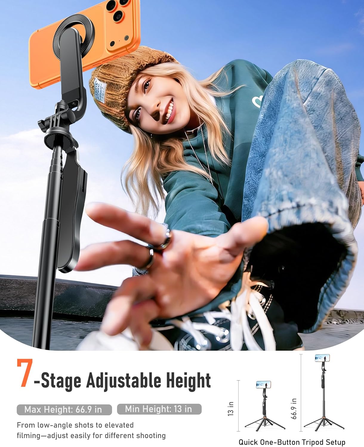 Magnetic Phone Tripod & Selfie Stick, Adjustable Height up to 66.9", Strong Magnetic Mount, One-Button Tripod Unlock, Bluetooth Remote, Flexible Angles for Vloggers & Streamers