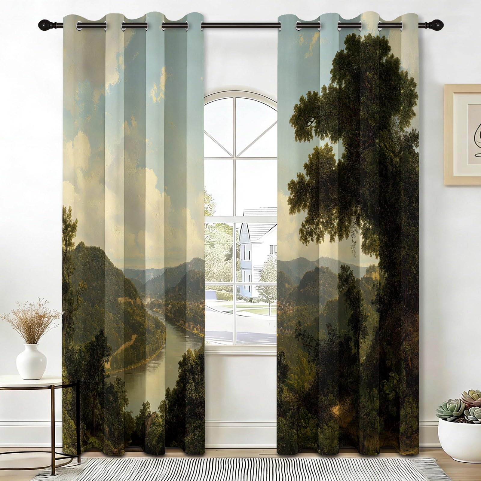 Zasłony zaciemniające z motywem lasu i rzeki górskiej, 117 l x 230 cm, dekoracja okienna do salonu, sypialni, izolacja termiczna, 2 panele