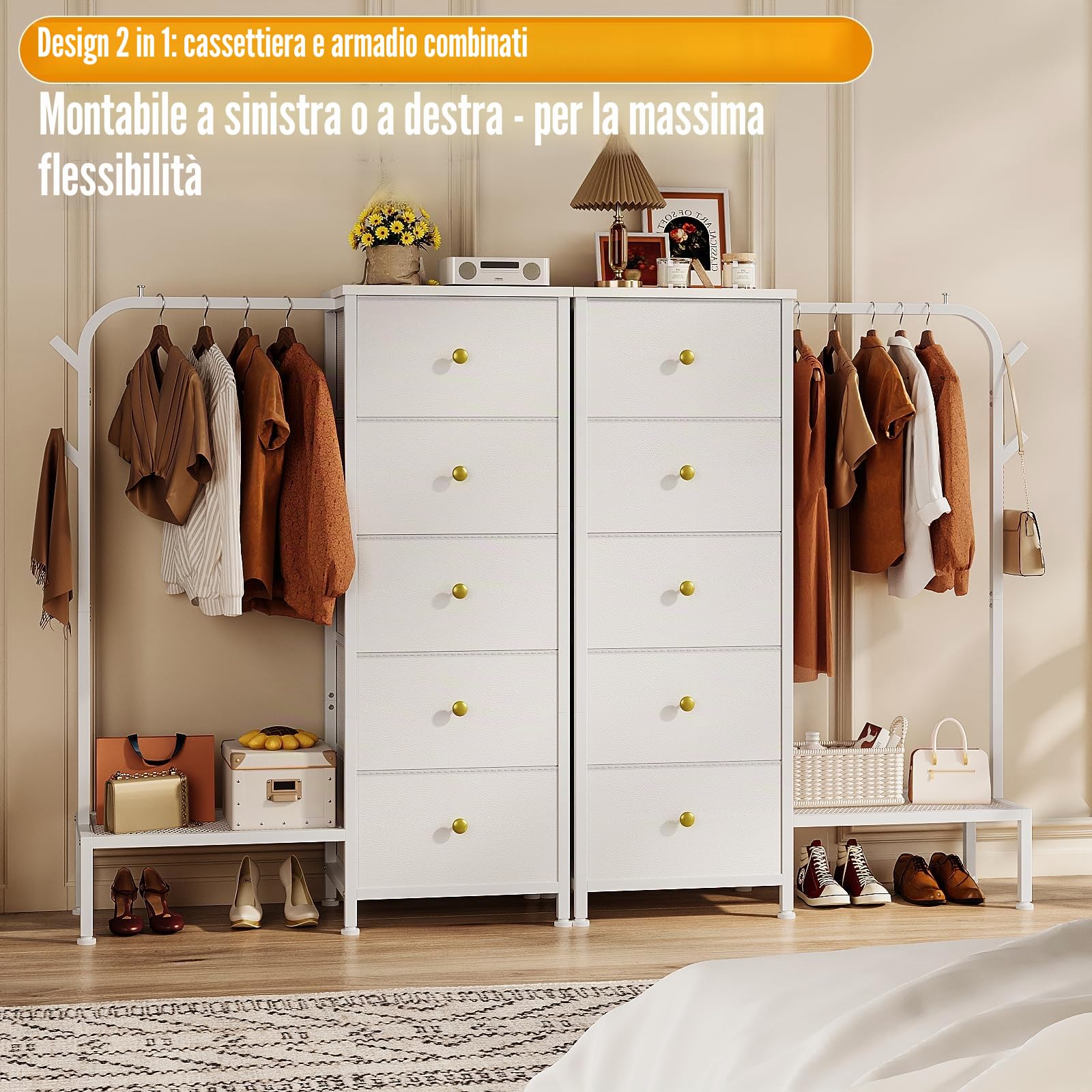 Trironsun Armadietto in tessuto sottile con 5 cassetti e asta appendiabiti per bambini, con mensola pensile, reversibile, salvaspazio, per camera da letto o cameretta dei bambini (bianco)