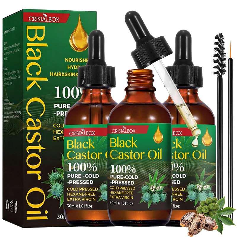 CRISTALBOX Óleo de Rícino Preto Jamaicano Prensado a Frio em Frasco de Vidro, Pacote com 3