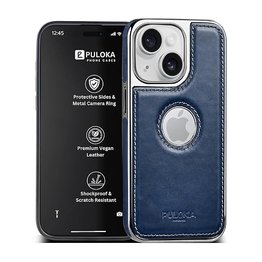 PULOKA Chrome Leather Back Case - Compatible with iPhone 14 - Luxury Bumper Case - Flexible Vegan Leather - Electroplated Sides & Logocut - Full Camera Protetection & Raised Edges - Blue