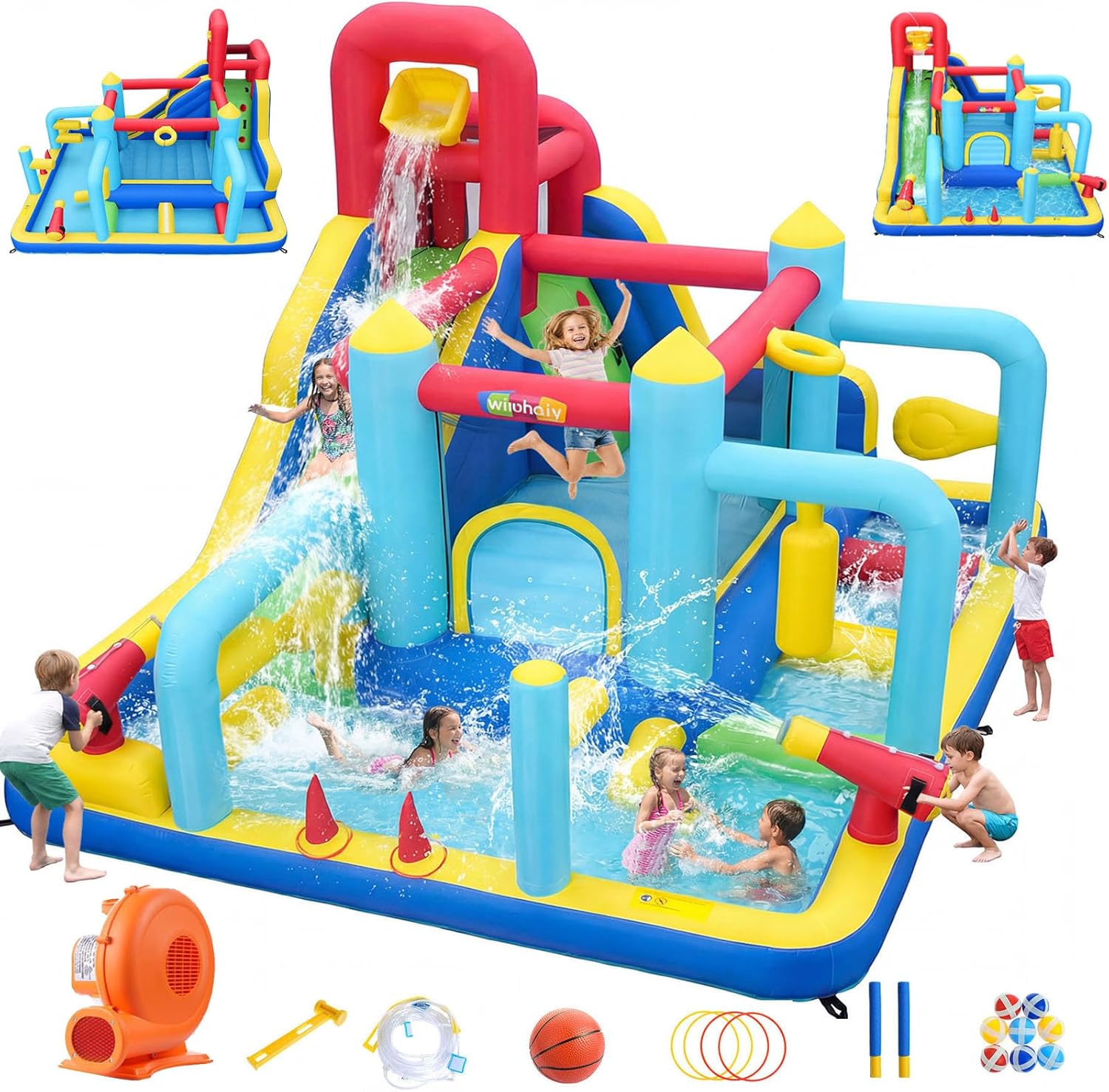 Whubefy Inflatable Water Slide Water Park, 13.3 × 11 ft Blow Up Water Slide with Obstacle Course/Long Slide/Cannon/Jump Area / 550W Blower, 13-in-1 Water Slide for Kids Backyard Summer Fun