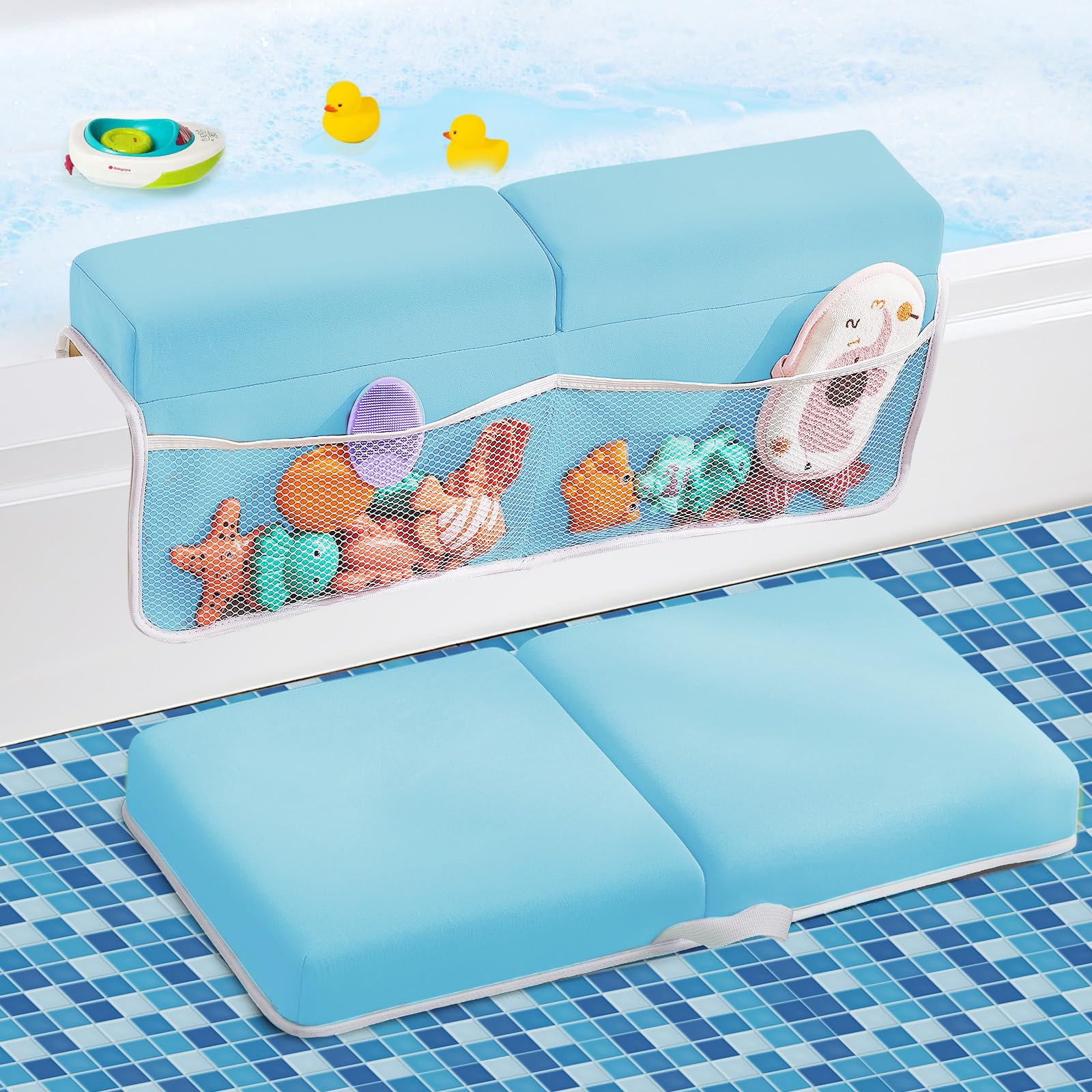 ILPEOD Baby Bath Kneeler and Elbow Rest Pad Set, Thick Soft Quick Dry Bathtub Mat with Toys Organizer, Blue