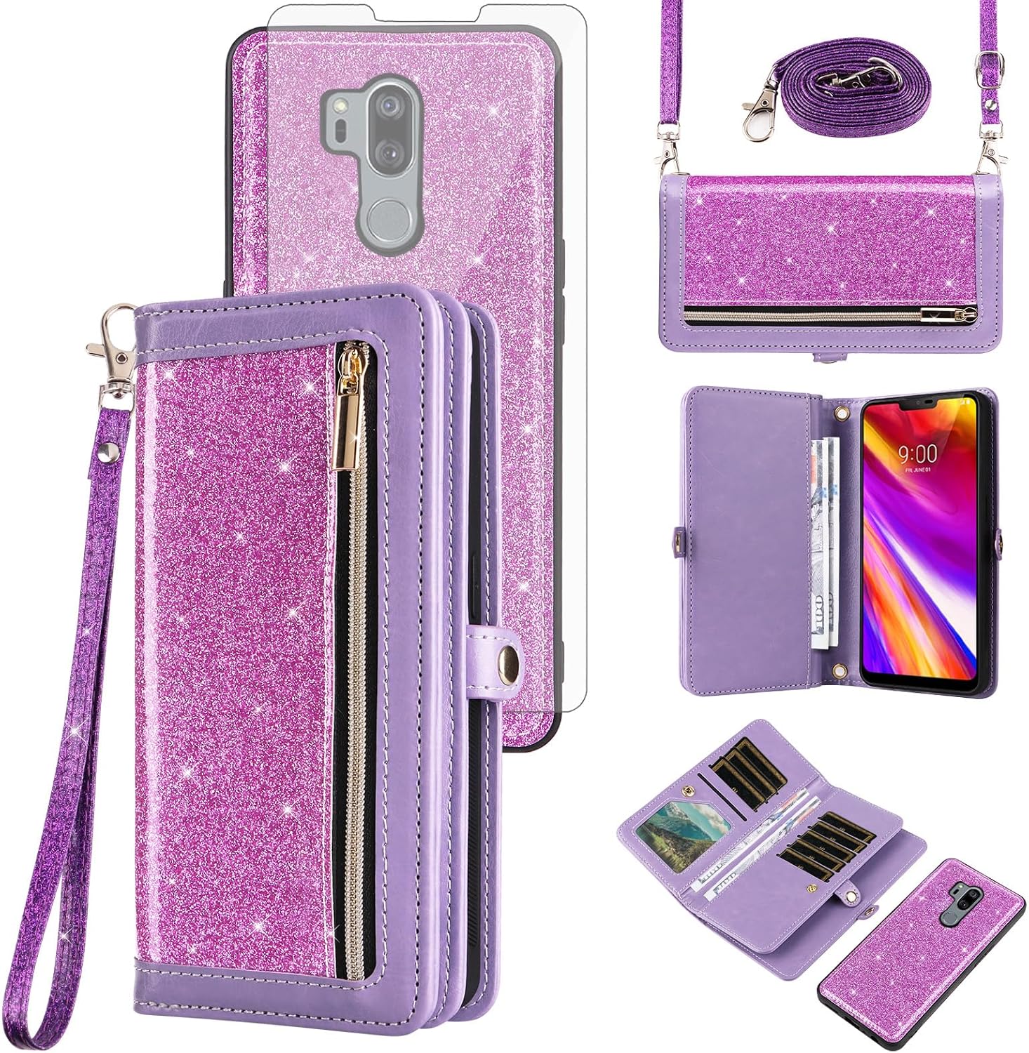 Asuwish Phone Case for LG G7 ThinQ Zipper Wallet Cell Cover with Screen Protector Strap Bling Glitter Flip Card Holder LGG7 One G 7 Plus LG7 Fit LG7ThinQ 7G Thin Q G7+ G7thinq LGG7thinq Women Purple