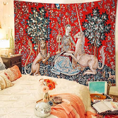 Miniatura 2 de FEASRT Tapiz medieval de princesa europeo, tapiz real de La doncella y el unicornio, 80 x 60 pulgadas, para dormitorio, sala de estar, dormitorio,