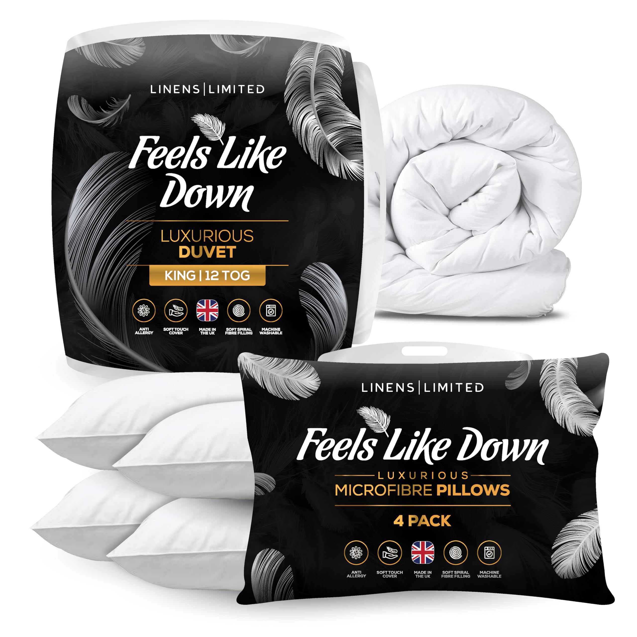 Linens Limited - King Size Duvet 12 Tog and Soft Pillows 4 Pack, Made in the UK, Hotel Quality, Feels Like Down, Luxurious Warm Duvet and Bounce Back Pillows, Machine Washable (White)