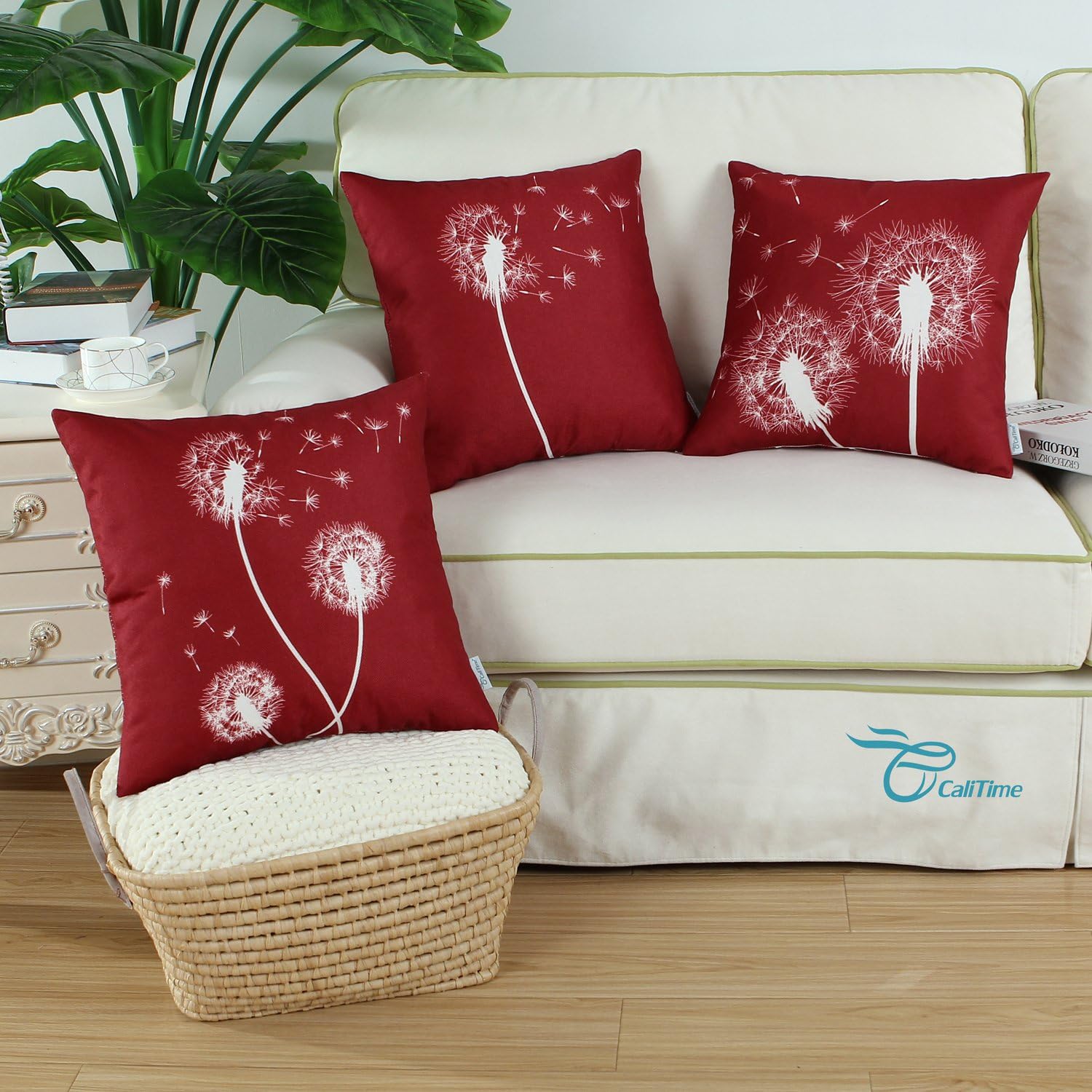 CaliTime Set of 3 Soft Canvas Throw Pillow Covers Cases for Couch Sofa Home Decoration 18 X 18 Inches Solid Dandelion Print Dark Red