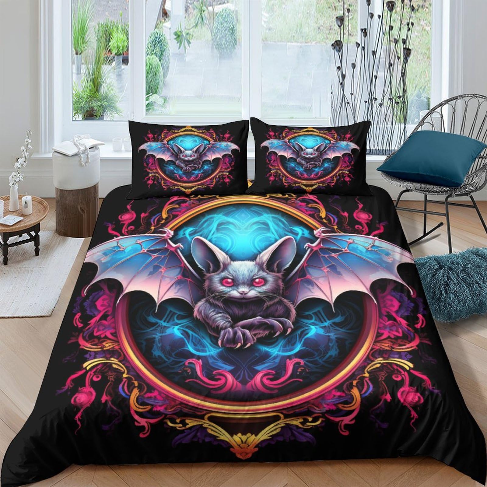 Housse de couette chauve-souris rouge 200x200 cm avec 2 taies d'oreiller