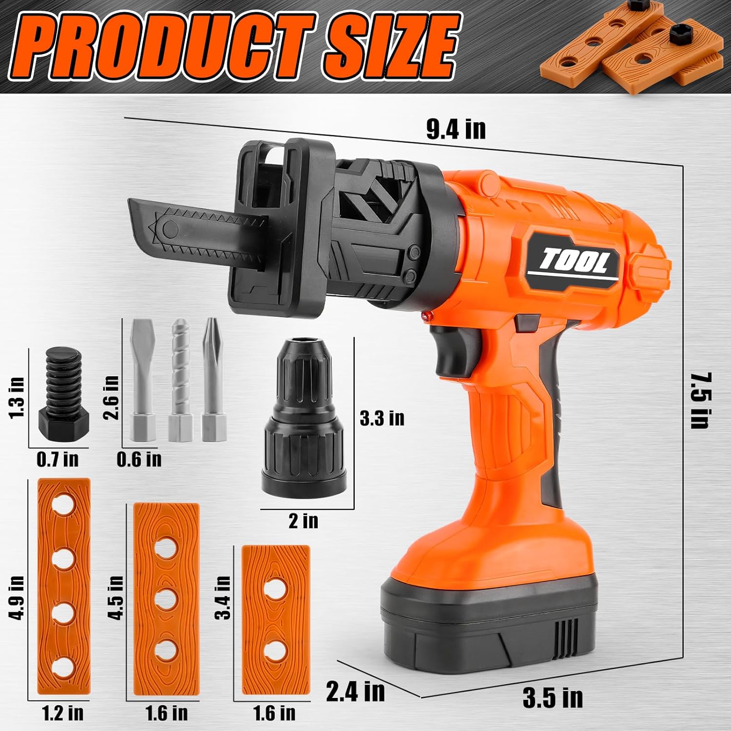 Kids Electric Drill& Jigsaw Include 3 Interchange Dirll Bits,1 Cutting Bits and Screw Set with Forward & Reverse Drilling Action,Kids Pretend Play Tool，Outdoor Toys for Toddler Drill （Orange）