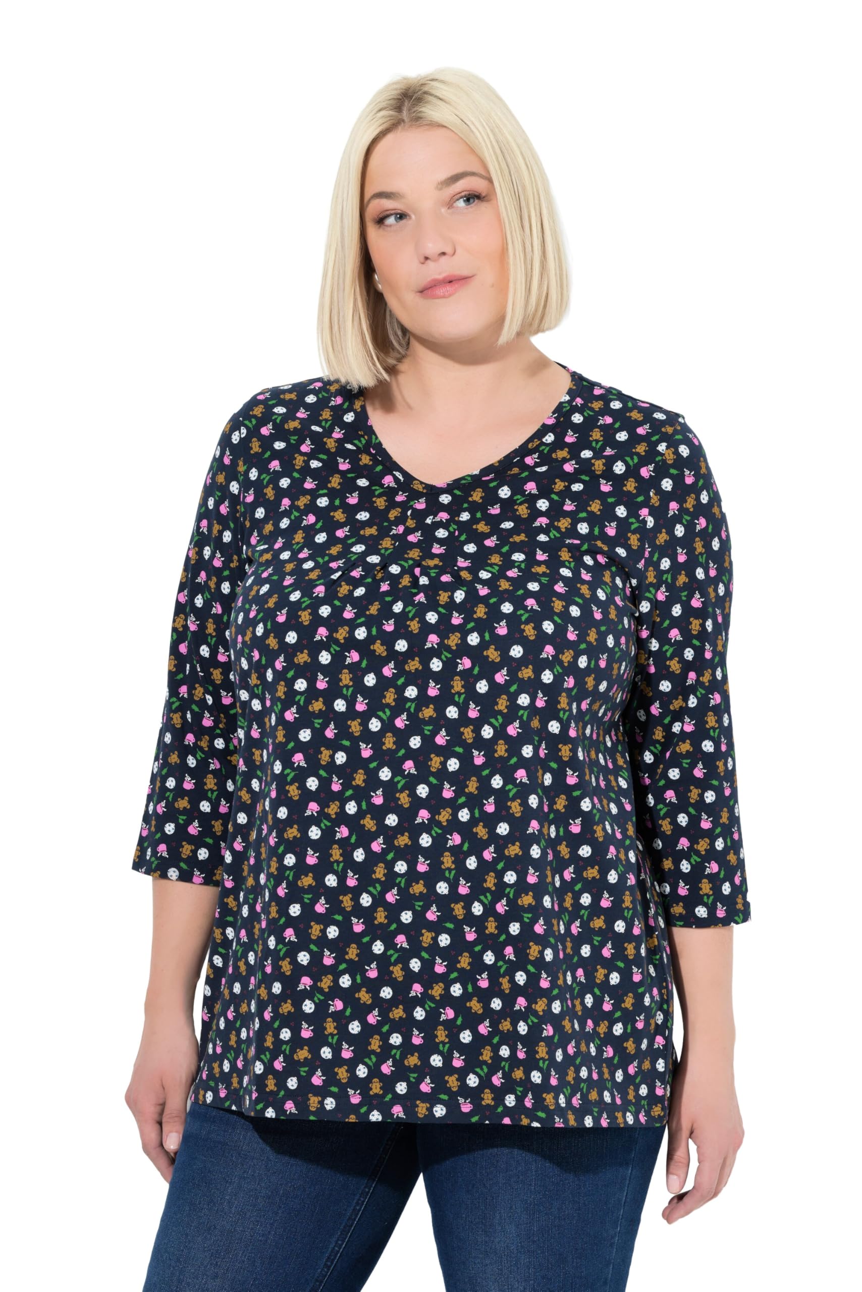 Ulla Popken Damen große Größen Übergrößen Plus Size Shirt, Lebkuchenfiguren, A-Linie, V-Ausschnitt, 3/4-Arm 844894