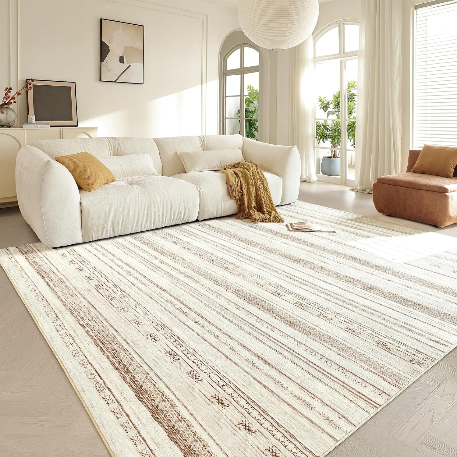 Area Rugs for Living Room: 5x8 Washable Boho Rug for Bedroom Large Neutral Bohemian Moroccan Farmhouse Geometric Dining Room Rugs Ultra Soft Floor Carpet Indoor for Home Office - Brown Beige 5' x 8' (Rectangular) Brown Beige